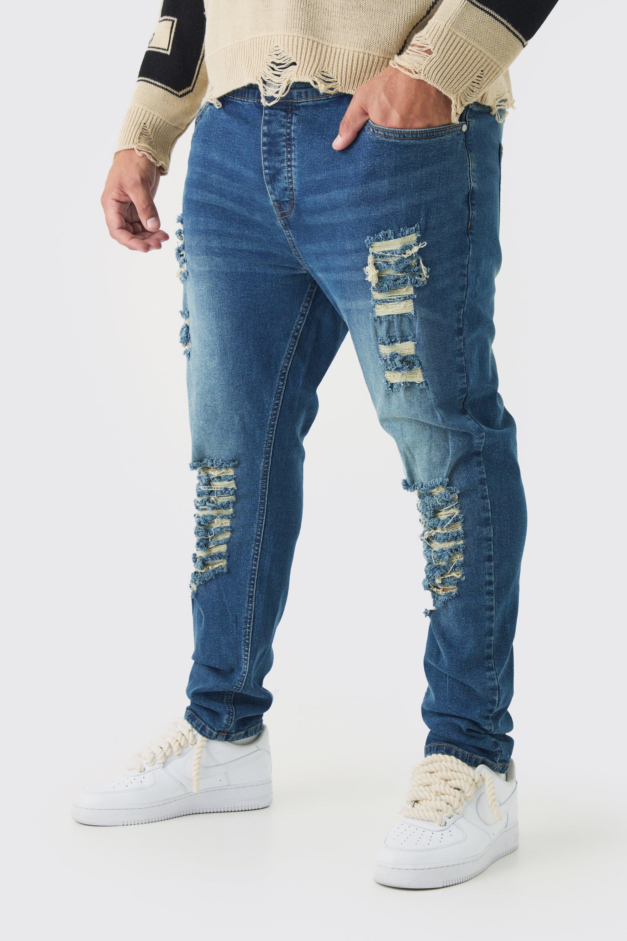 Mens Blue Plus Skinny Jeans With All Over Rips, Blue
